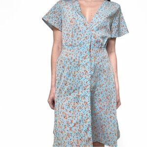 Romwe Blue/Orange floral short sleeve button front mini dress with waist tie